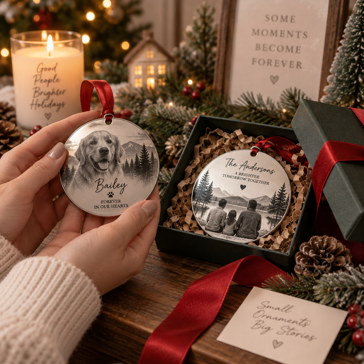 Personalized aluminum ornaments presented in a holiday gift box
