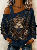 Women's Autumn Cute Cat Art Print Casual Off-Shoulder Sweatshirt