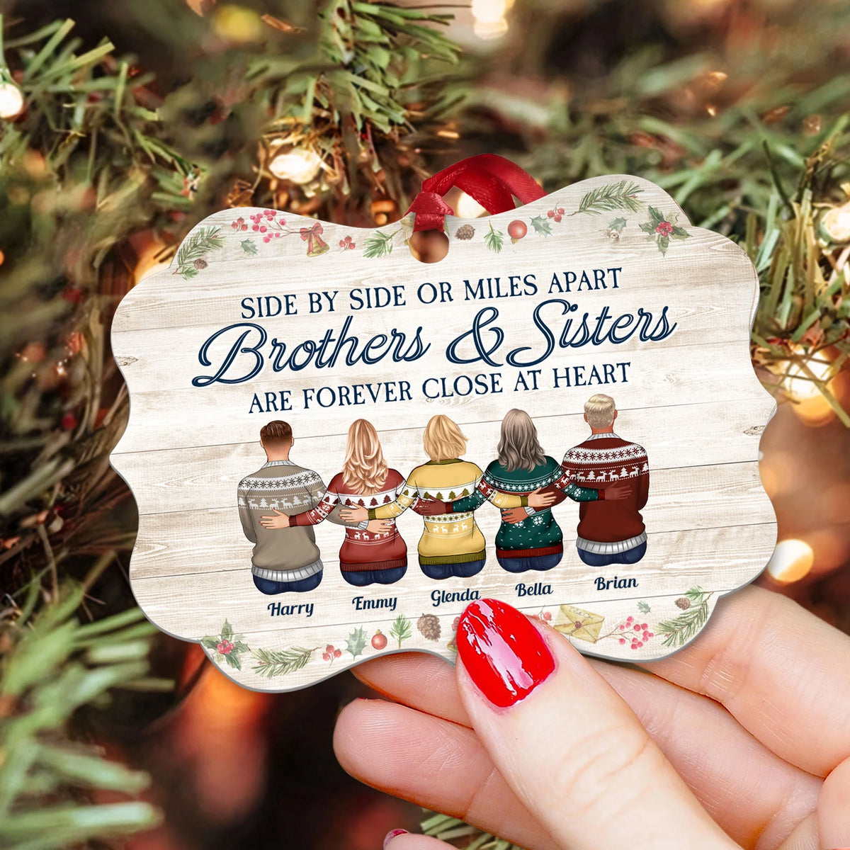Brothers & Sisters Are Forever Close At Heart - Personalized Aluminum Ornament - Family Hugging