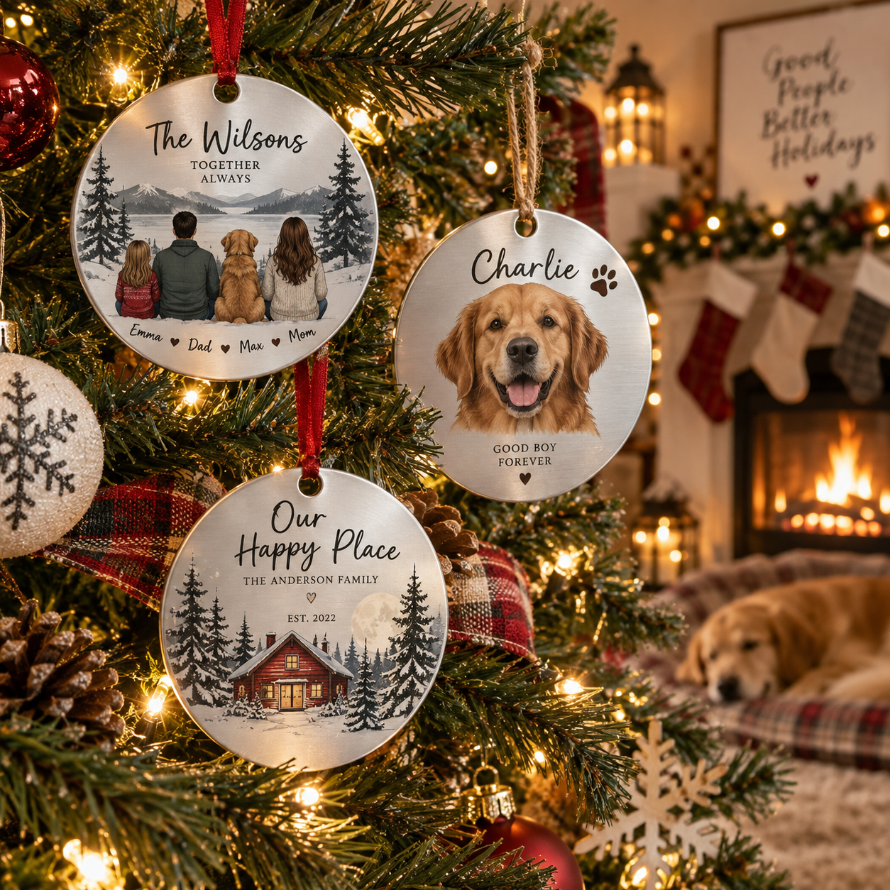 Personalized family and pet ornaments displayed on a Christmas tree