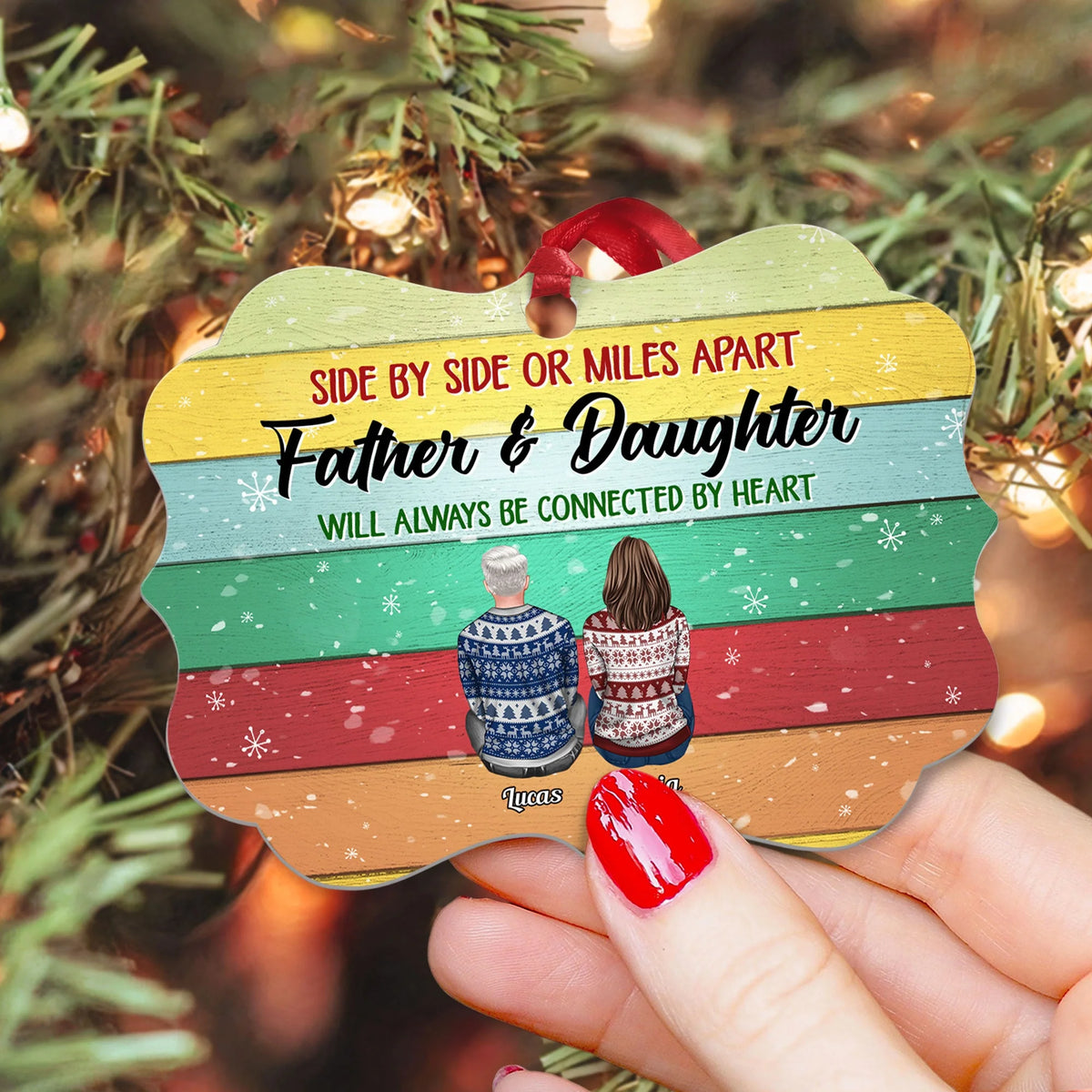 The Love Between Father And Daughter Is Forever - Personalized Aluminum Ornament - Christmas Gift Father Ornament For Dad, Father, Papa - Ugly Christmas Sweater Sitting