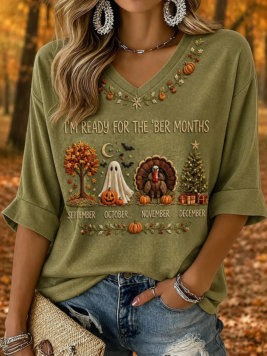 Women's Vintage I'm Ready For The 'ber Months Print Mid-length Sleeves V-Neck T-Shirt