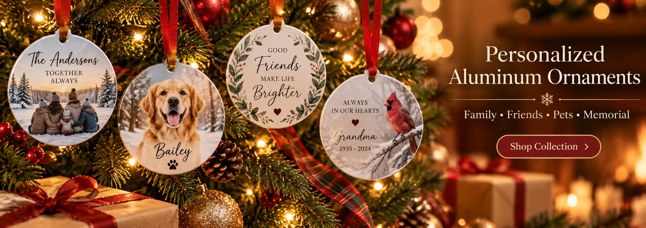 Personalized aluminum ornaments for family, friends, pets, and remembrance