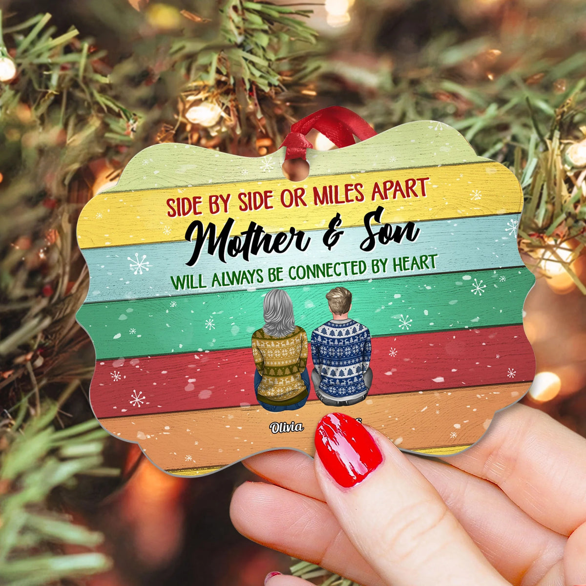The Love Between Mother And Son Is Forever - Personalized Aluminum Ornament - Ugly Christmas Sweater Sitting